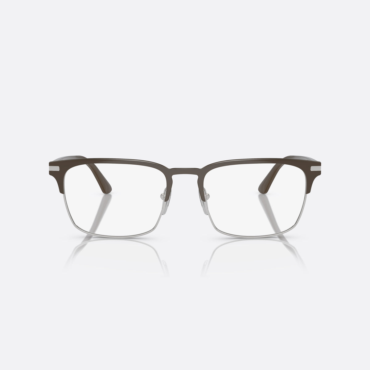 Prada PR 58ZV 17I-1O1 B eyeglasses, silver squared frame for men, brand lettering on temples, flat temples with metal core, front view