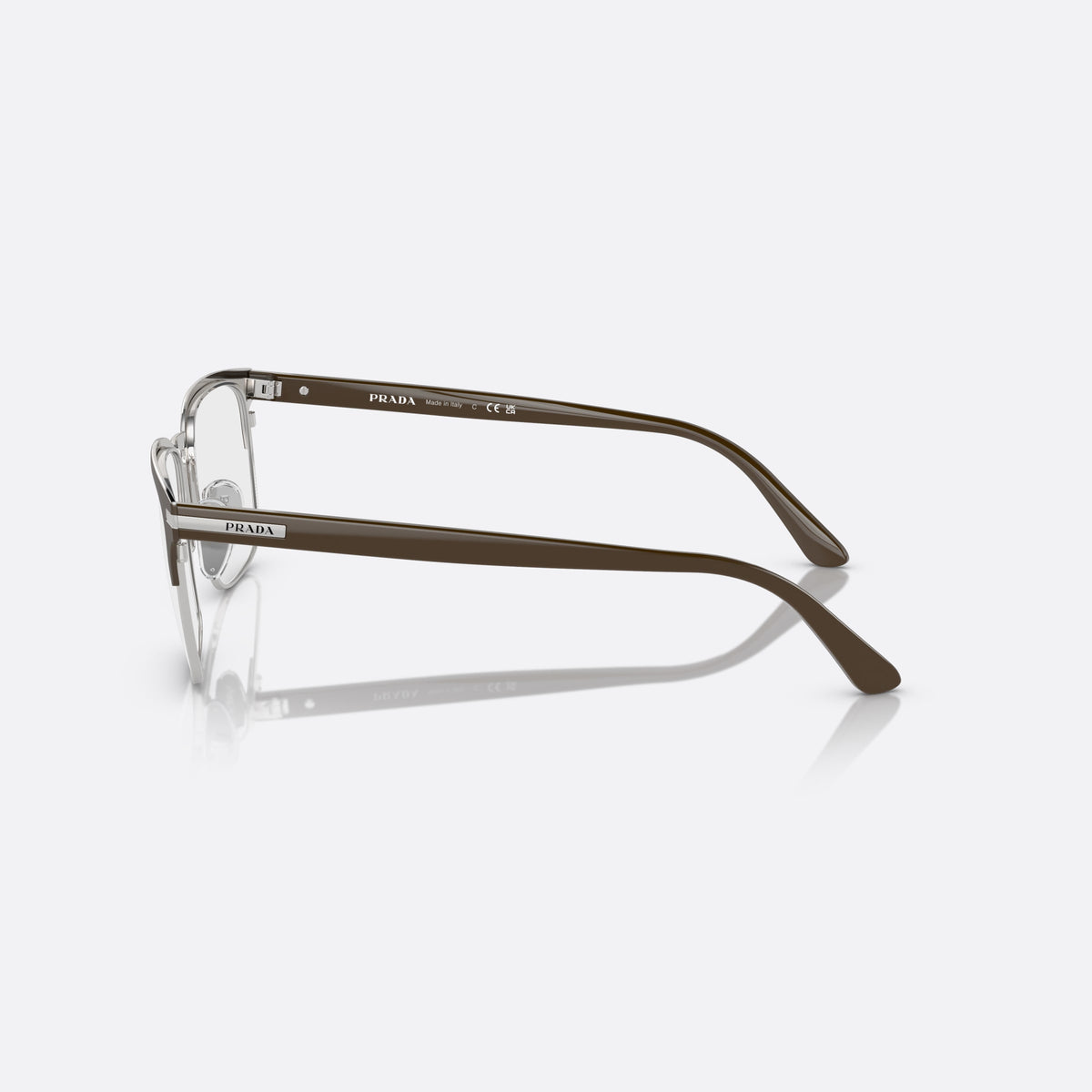 Prada PR 58ZV 17I-1O1 B eyeglasses, silver squared frame for men, brand lettering on temples, flat temples with metal core, side view