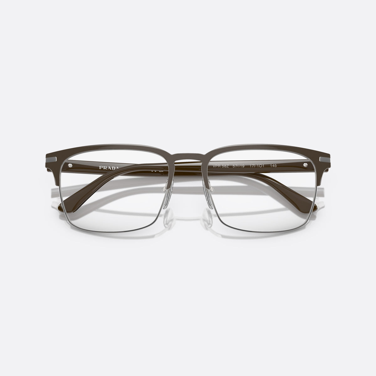 Prada PR 58ZV 17I-1O1 B eyeglasses, silver squared frame for men, brand lettering on temples, flat temples with metal core, folded