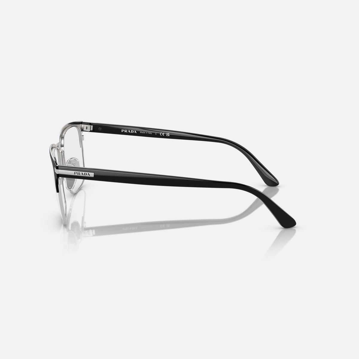 Prada PR 58ZV 1AB-1O1 B eyeglasses, black squared frame for men, brand lettering on temples, slim tapered temples, side view