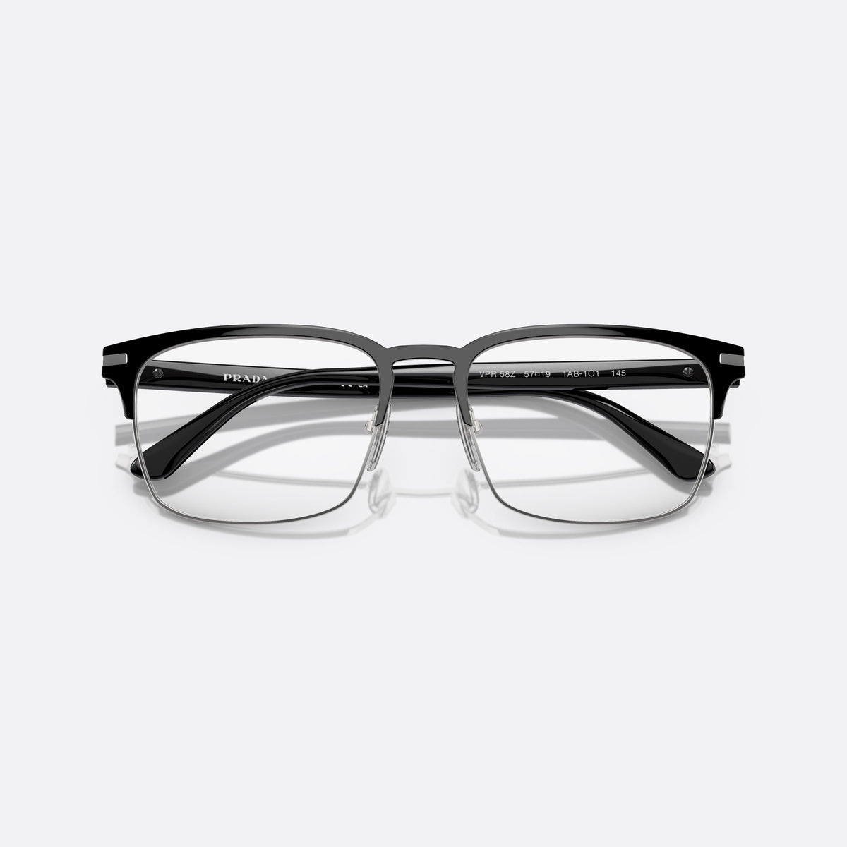 Prada PR 58ZV 1AB-1O1 B eyeglasses, black squared frame for men, brand lettering on temples, slim tapered temples, folded