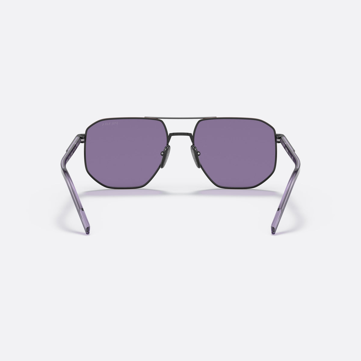 Prada PR 59YS 11B05Q sunglasses, black square frame for men, double bridge with metal bar, brand lettering on temples, back view