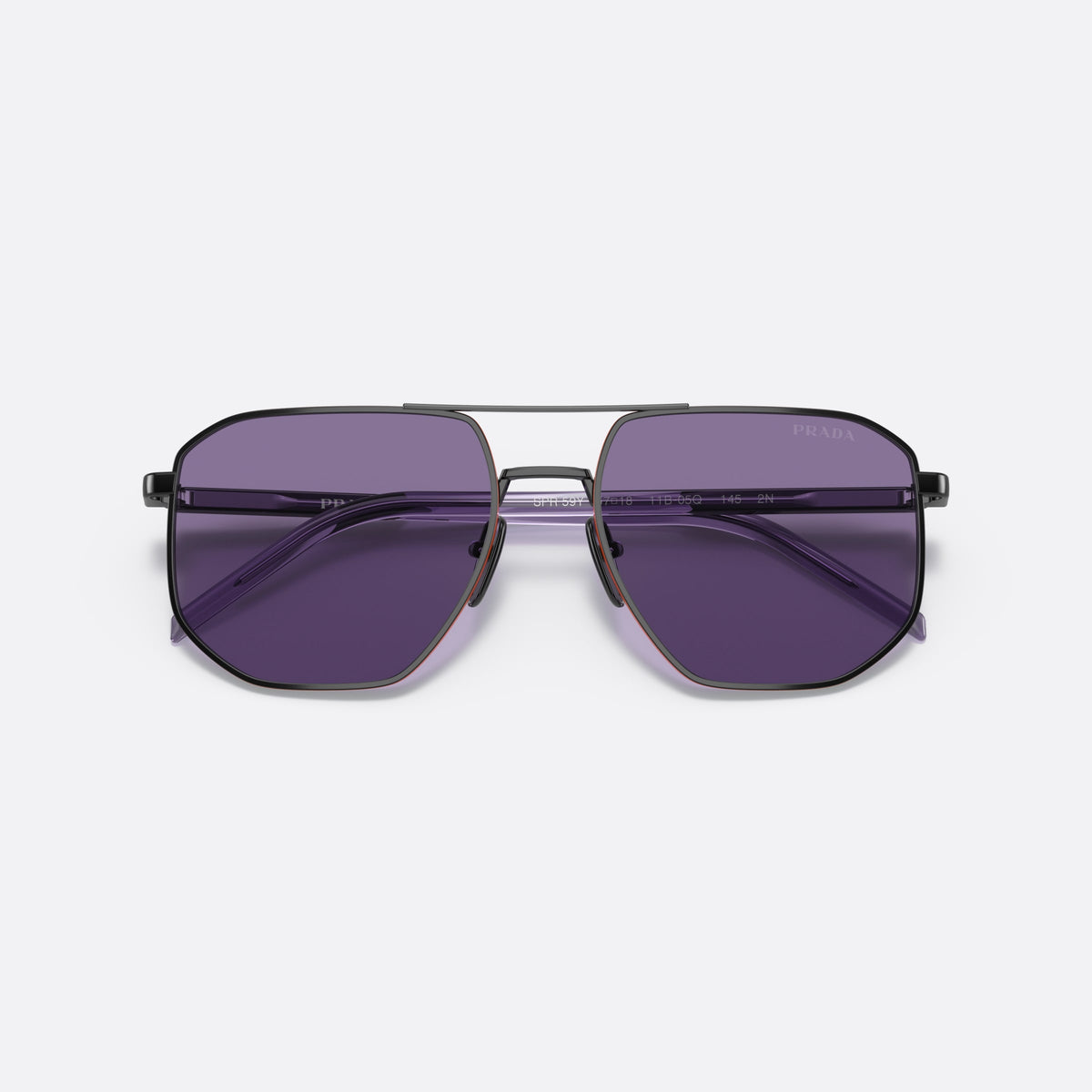 Prada PR 59YS 11B05Q sunglasses, black square frame for men, double bridge with metal bar, brand lettering on temples, folded