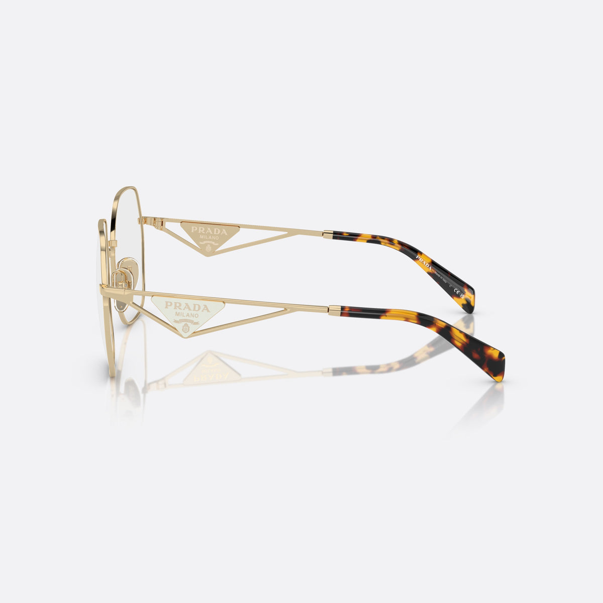 Prada PR 59ZV 151-1O1 N eyeglasses, gold geometric frame for women, plain metal bridge, brand logo plaque on temples, side view