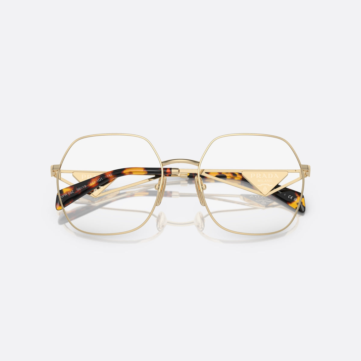 Prada PR 59ZV 151-1O1 N eyeglasses, gold geometric frame for women, plain metal bridge, brand logo plaque on temples, folded