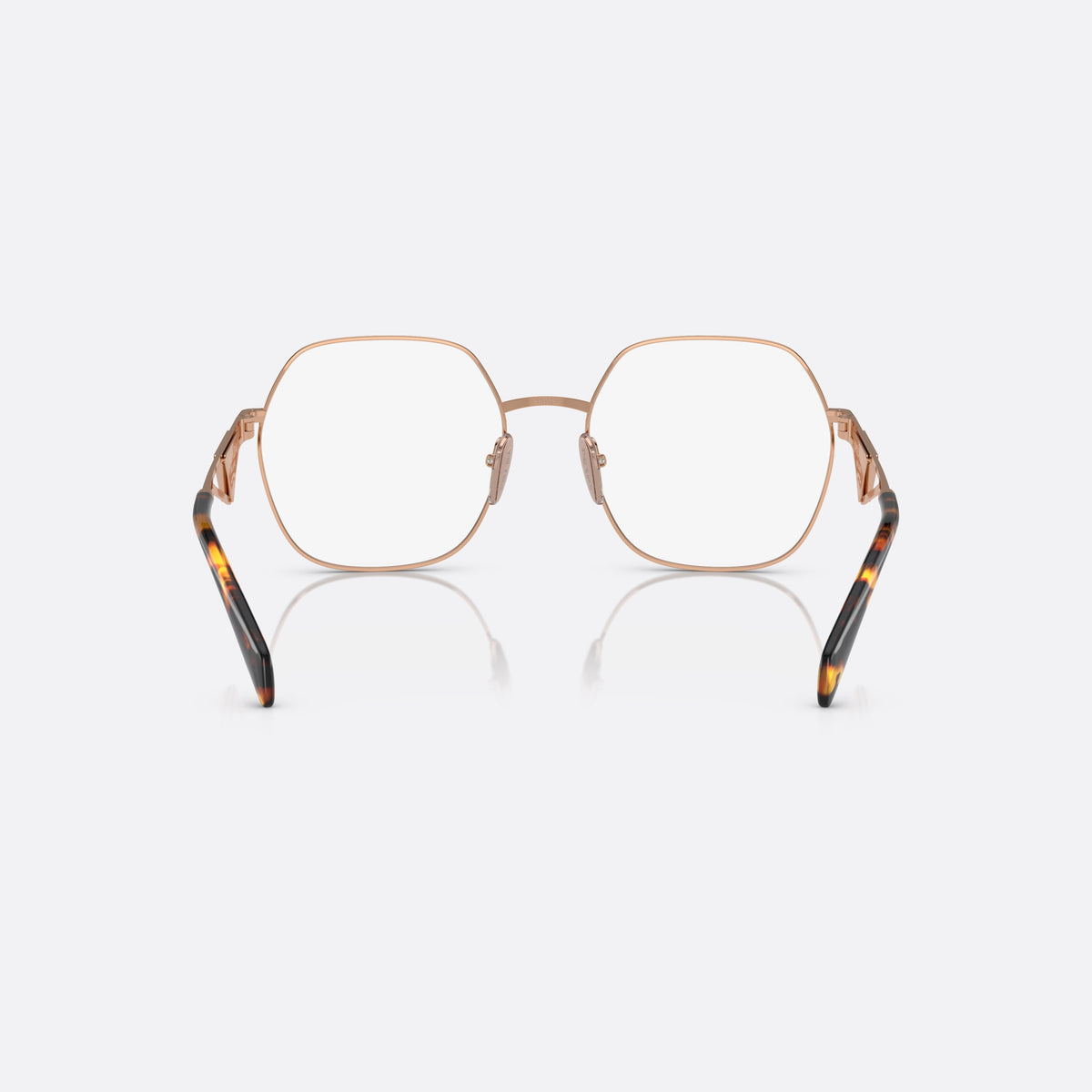 Prada PR 59ZV SVF-1O1 V eyeglasses, gold geometric frame for women, thin metal saddle bridge, brand lettering on plaque, back view
