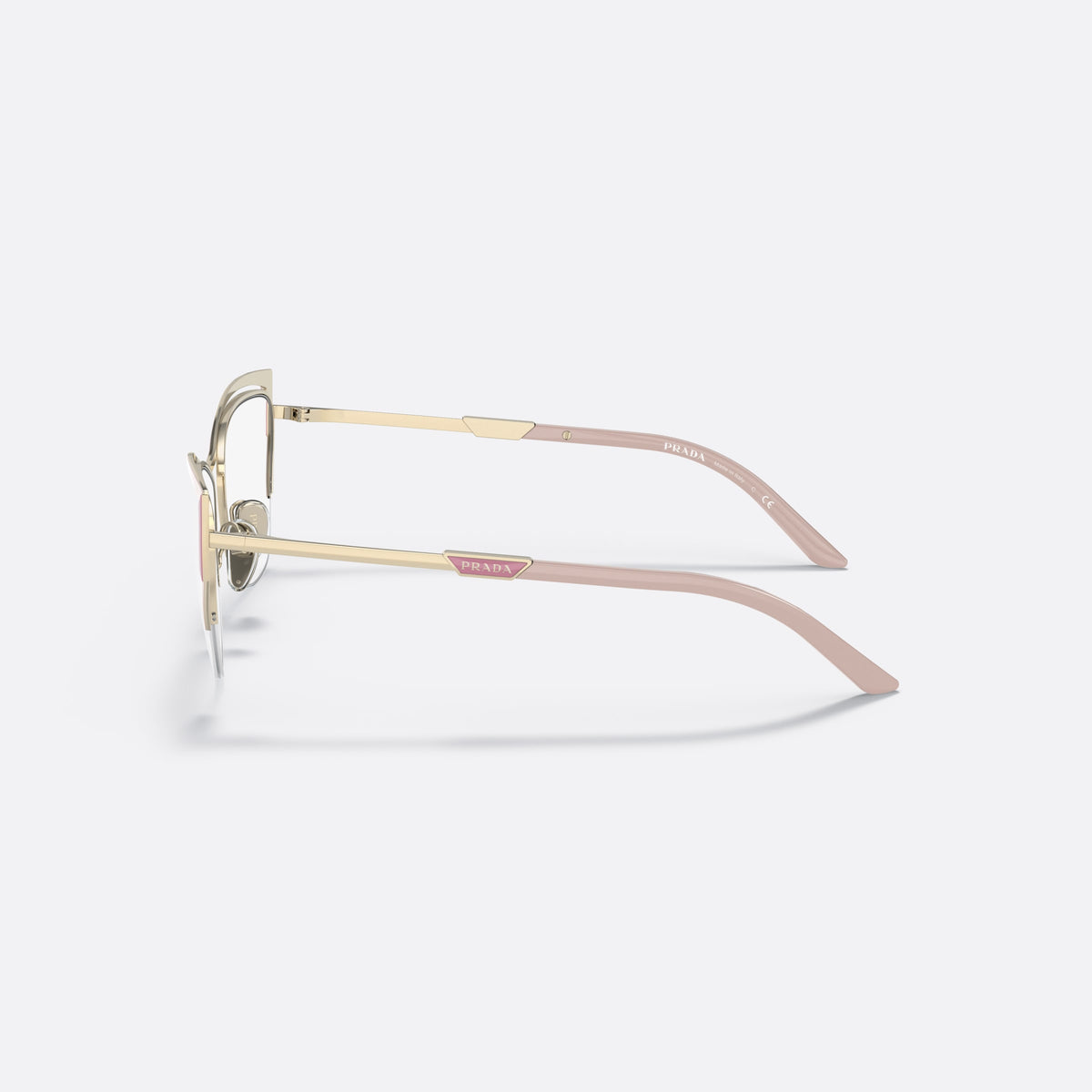 Rame ochelari de vedere Prada PR 63YV 14A1O1, fluture alb, pentru femei, punte dublă cu miez metalic, suprafețe metalice lustruite, vedere laterală