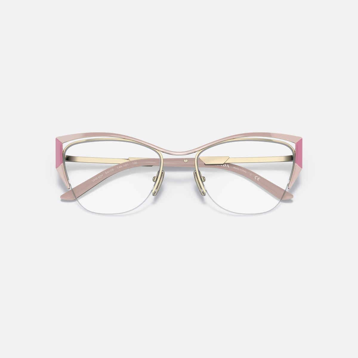 Rame ochelari de vedere Prada PR 63YV 14A1O1, fluture alb, pentru femei, punte dublă cu miez metalic, suprafețe metalice lustruite, cu brațele pliate