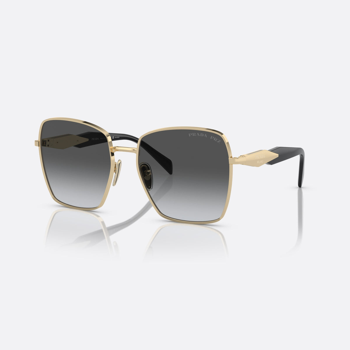Prada PR 64ZS ZVN5W1 sunglasses, gold square frame for women, plain metal bridge, brand lettering on the temples