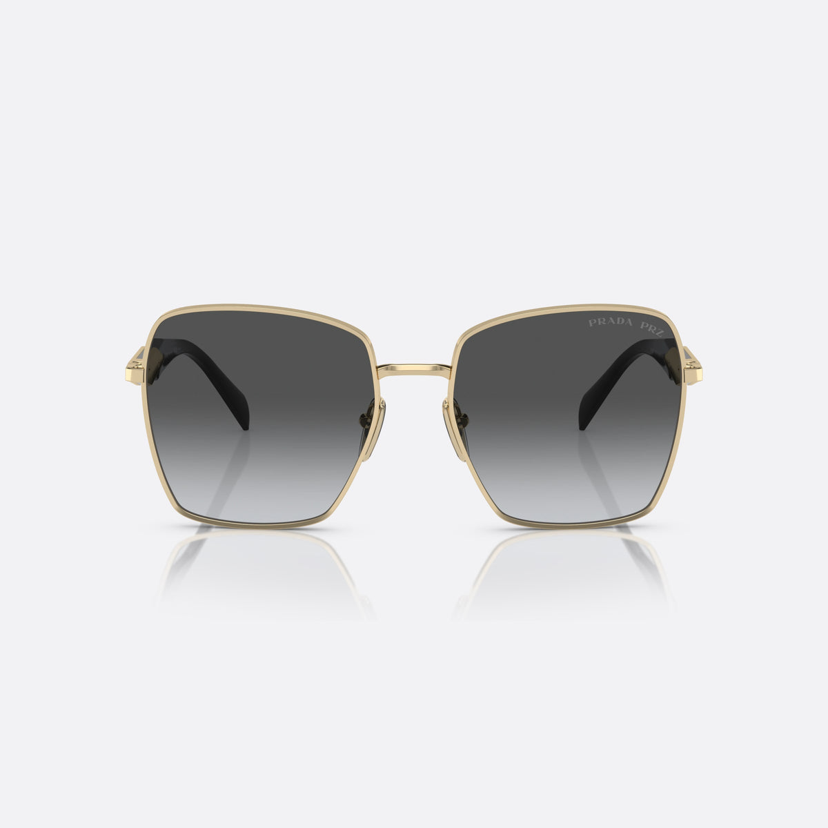 Prada PR 64ZS ZVN5W1 sunglasses, gold square frame for women, plain metal bridge, brand lettering on the temples, front view