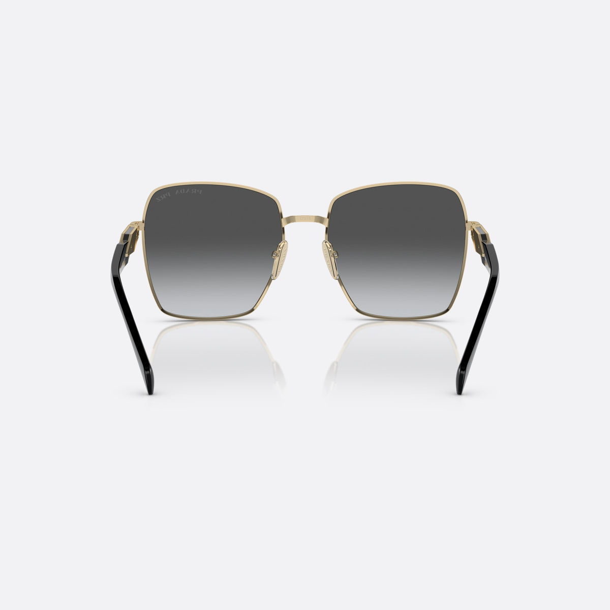 Prada PR 64ZS ZVN5W1 sunglasses, gold square frame for women, plain metal bridge, brand lettering on the temples, back view