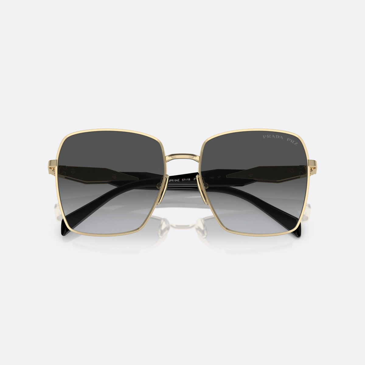 Prada PR 64ZS ZVN5W1 sunglasses, gold square frame for women, plain metal bridge, brand lettering on the temples, folded