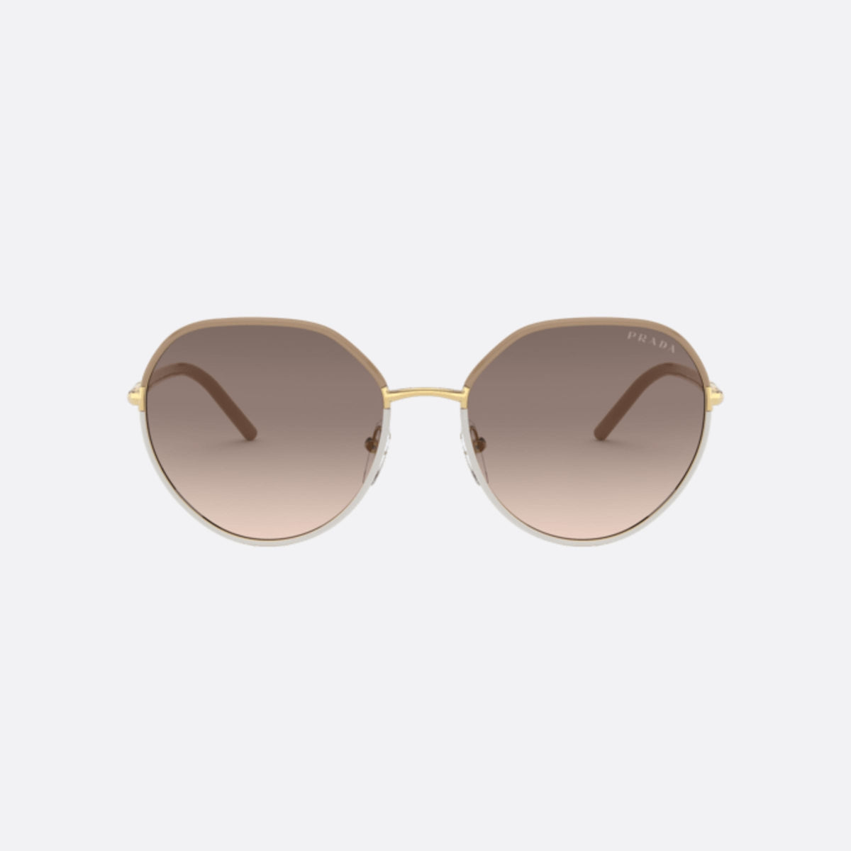 Ochelari de soare Prada PR 65XS 09G3D0, rotunzi maro, pentru femei, punte metalică aurie, literele brandului pe braț, vedere din față