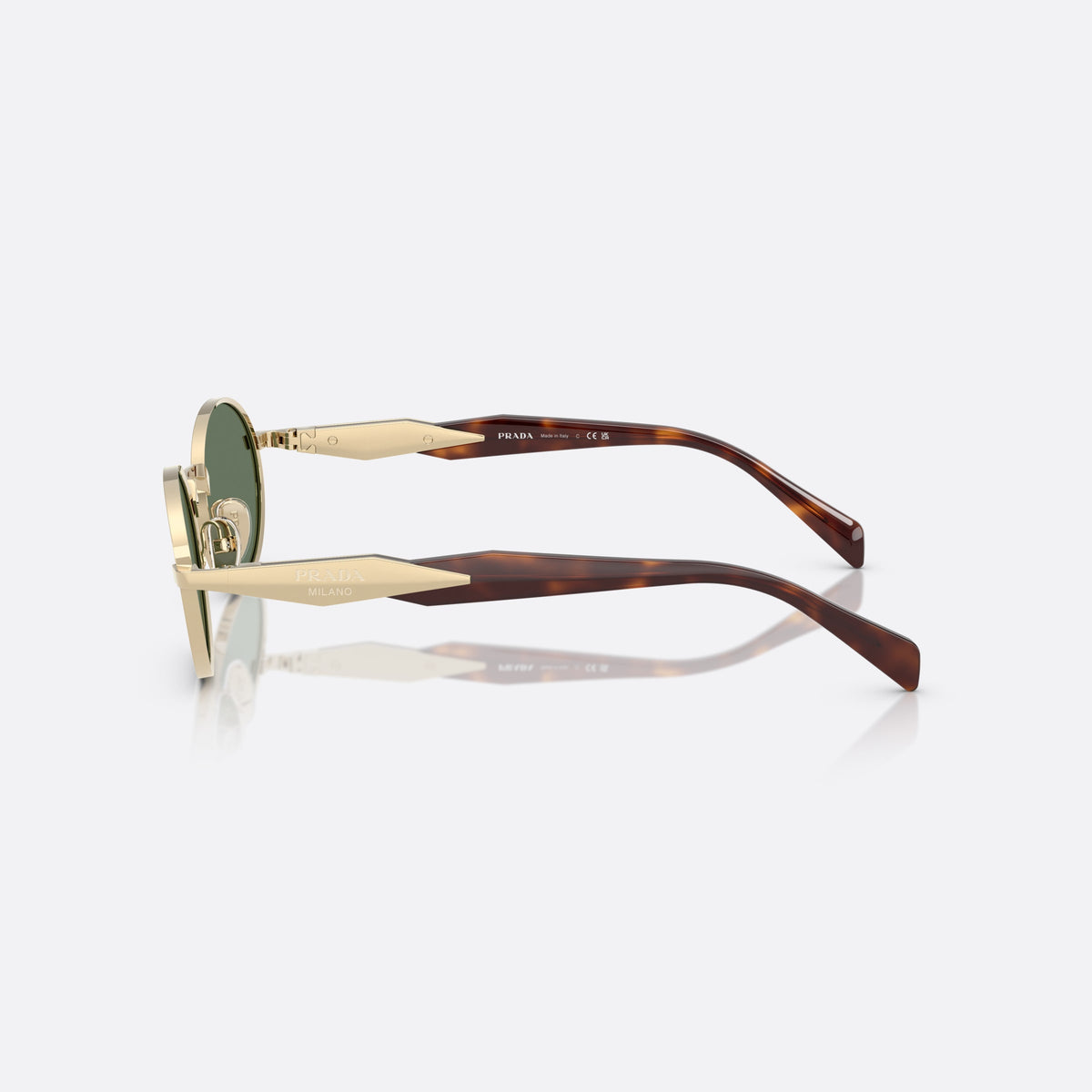 Prada PR 65ZS ZVN70L sunglasses, gold oval frame for women, metal bridge with angled top, side view