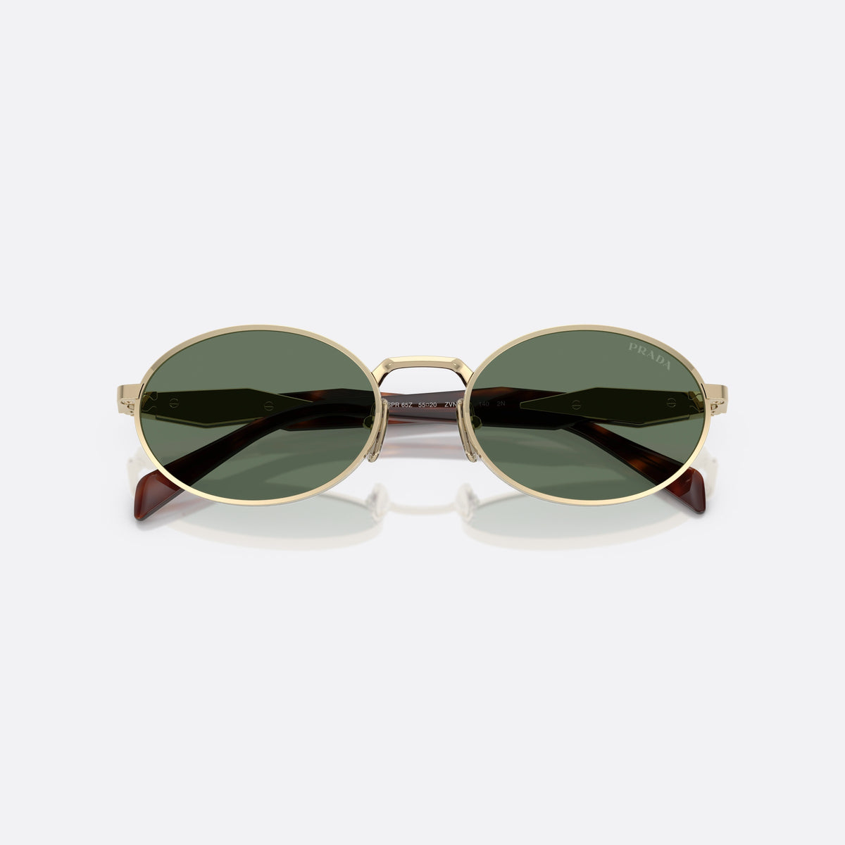 Prada PR 65ZS ZVN70L sunglasses, gold oval frame for women, metal bridge with angled top, folded