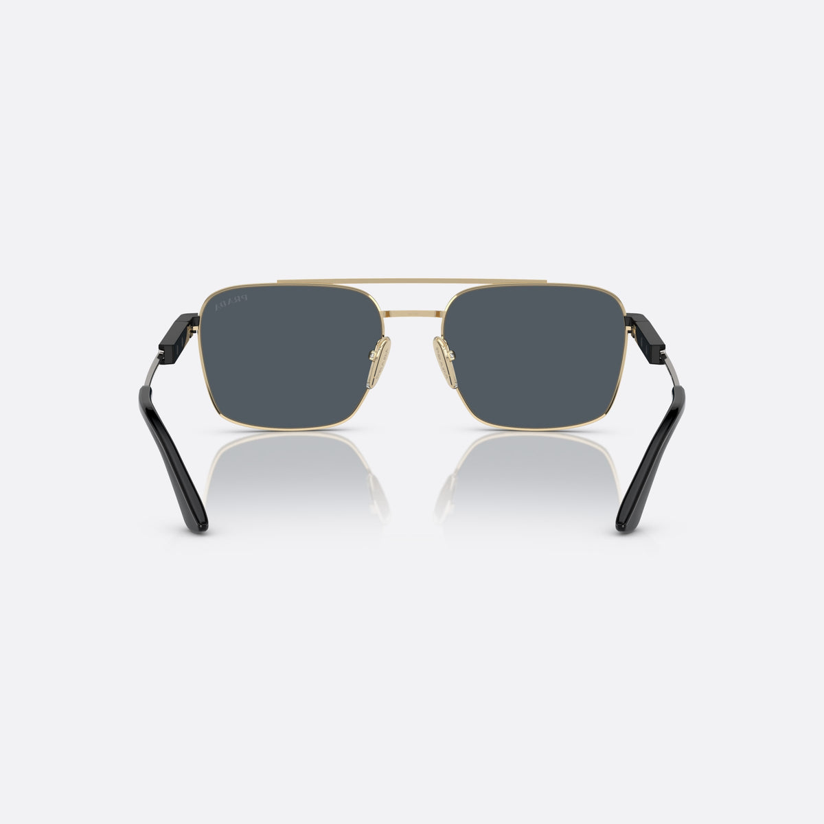 Prada PR 67ZS 56 sunglasses, gold rectangle frame, unisex, double bridge, brand lettering on temple, metal hinges