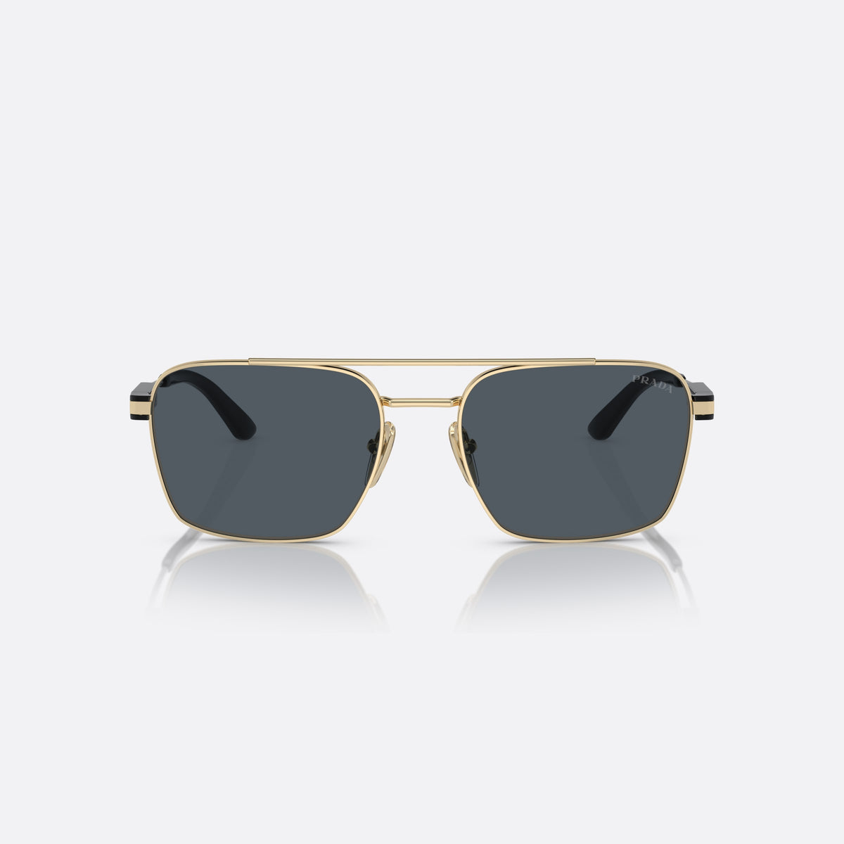 Prada PR 67ZS 56 sunglasses, gold rectangle frame, unisex, double bridge, brand lettering on temple, metal hinges