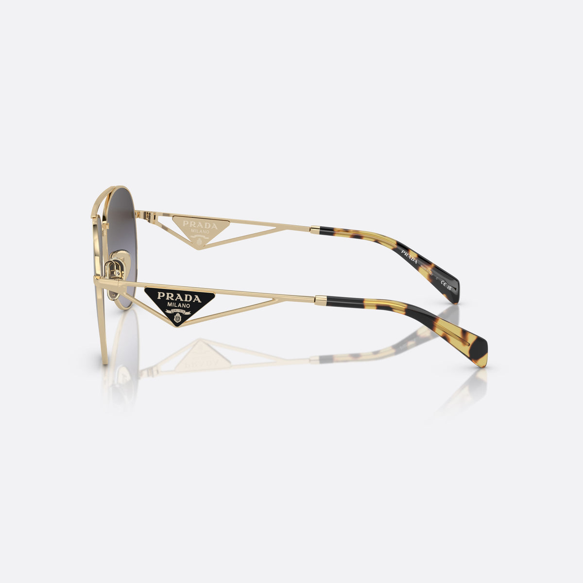 Prada PR 73ZS ZVN-5D1 C sunglasses, gold pilot frame for women, double bridge with top bar, brand logo on temples, side view