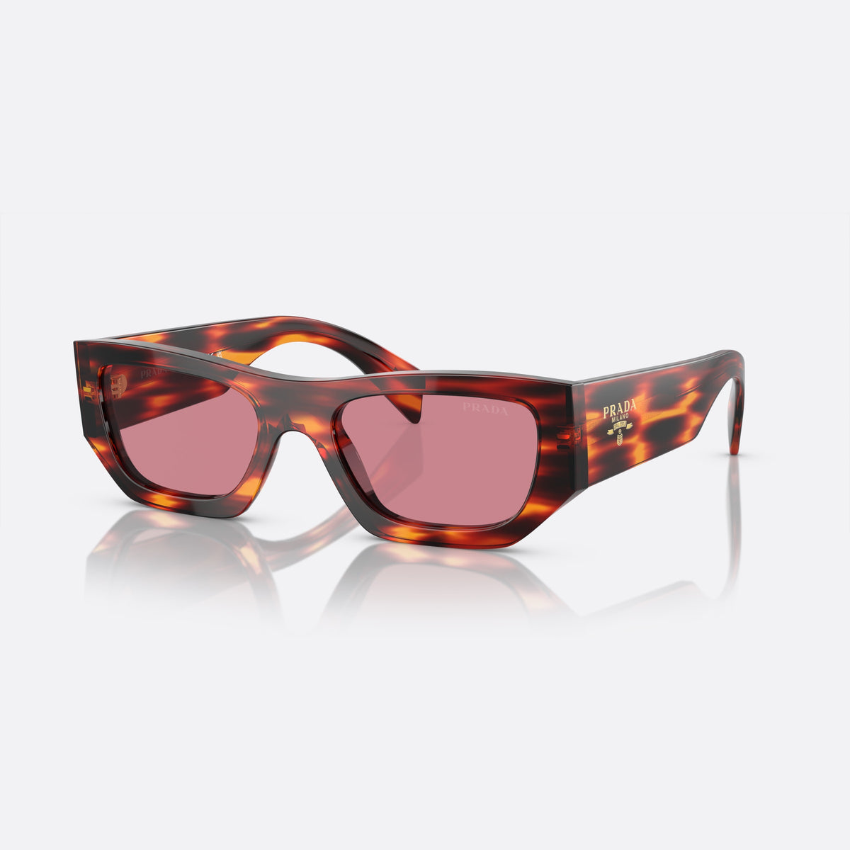 Prada PR A01S 13O80B sunglasses, red pillow frame, unisex, plain bridge, brand lettering on temples, full-rim frame