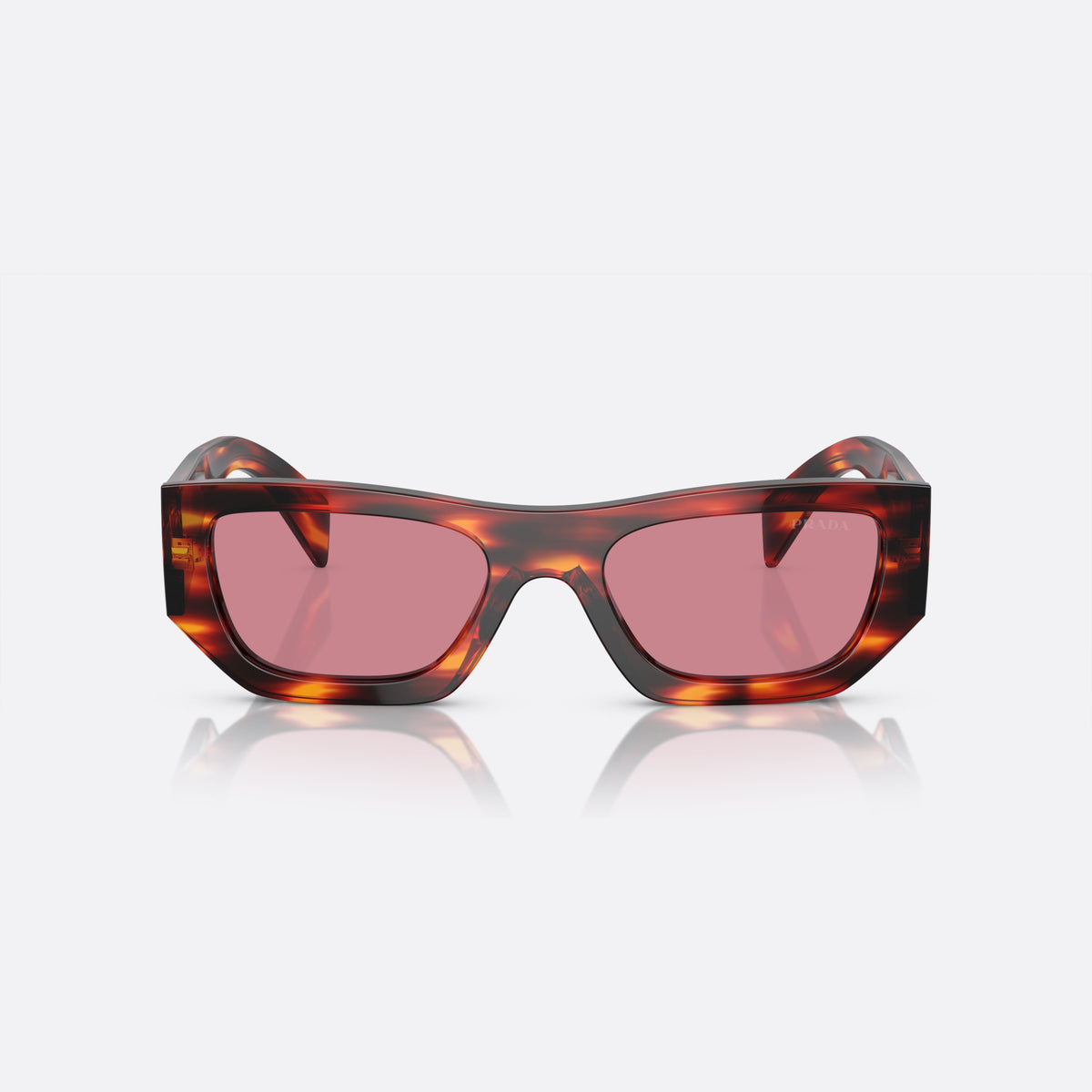 Prada PR A01S 13O80B sunglasses, red pillow frame, unisex, plain bridge, brand lettering on temples, full-rim frame, front view