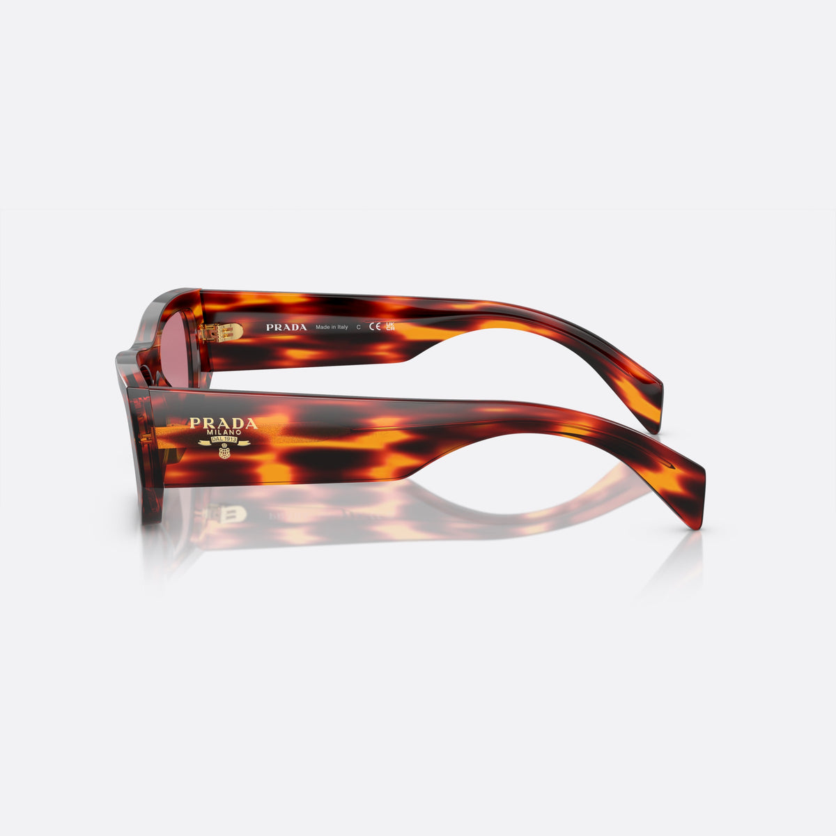 Prada PR A01S 13O80B sunglasses, red pillow frame, unisex, plain bridge, brand lettering on temples, full-rim frame, side view
