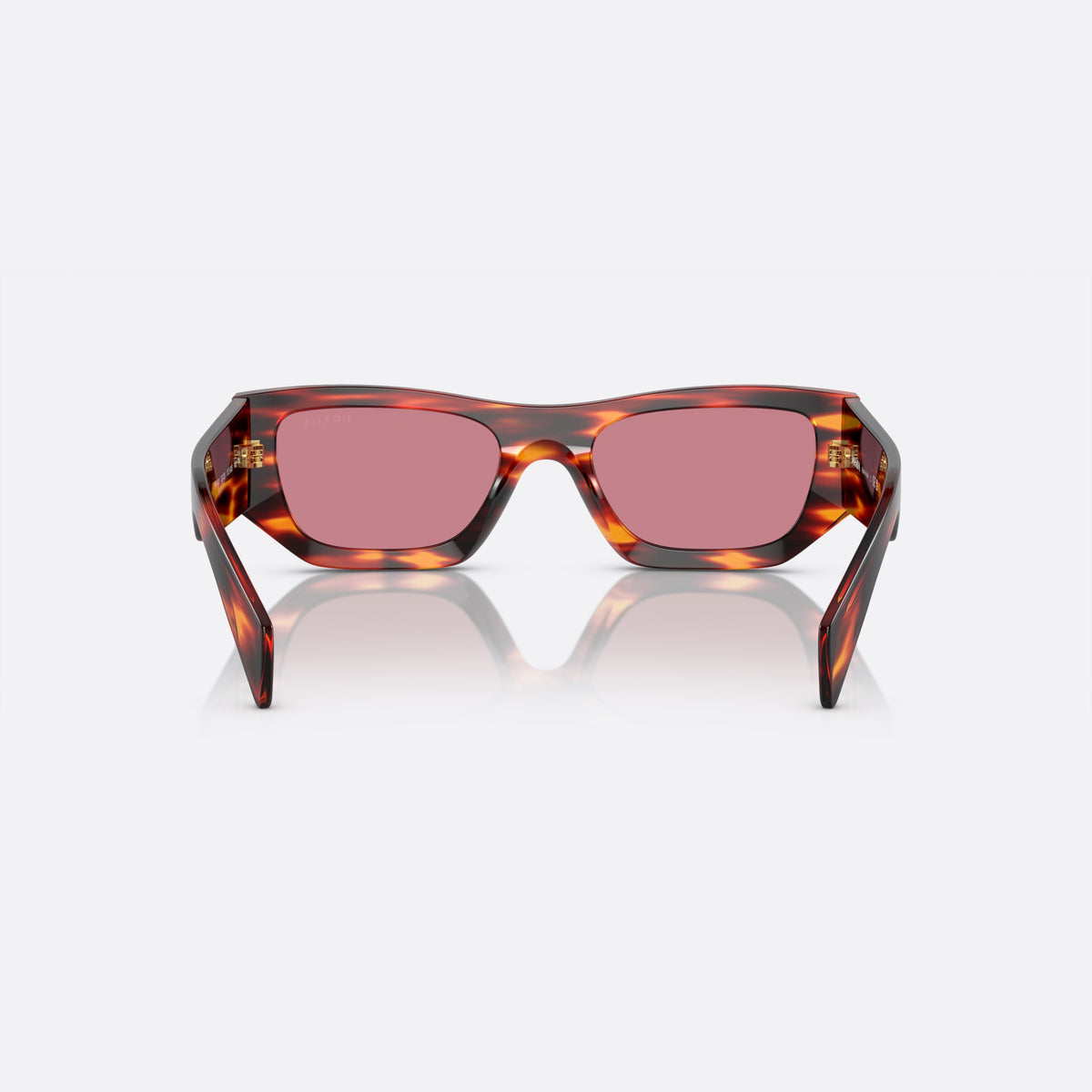 Prada PR A01S 13O80B sunglasses, red pillow frame, unisex, plain bridge, brand lettering on temples, full-rim frame, back view