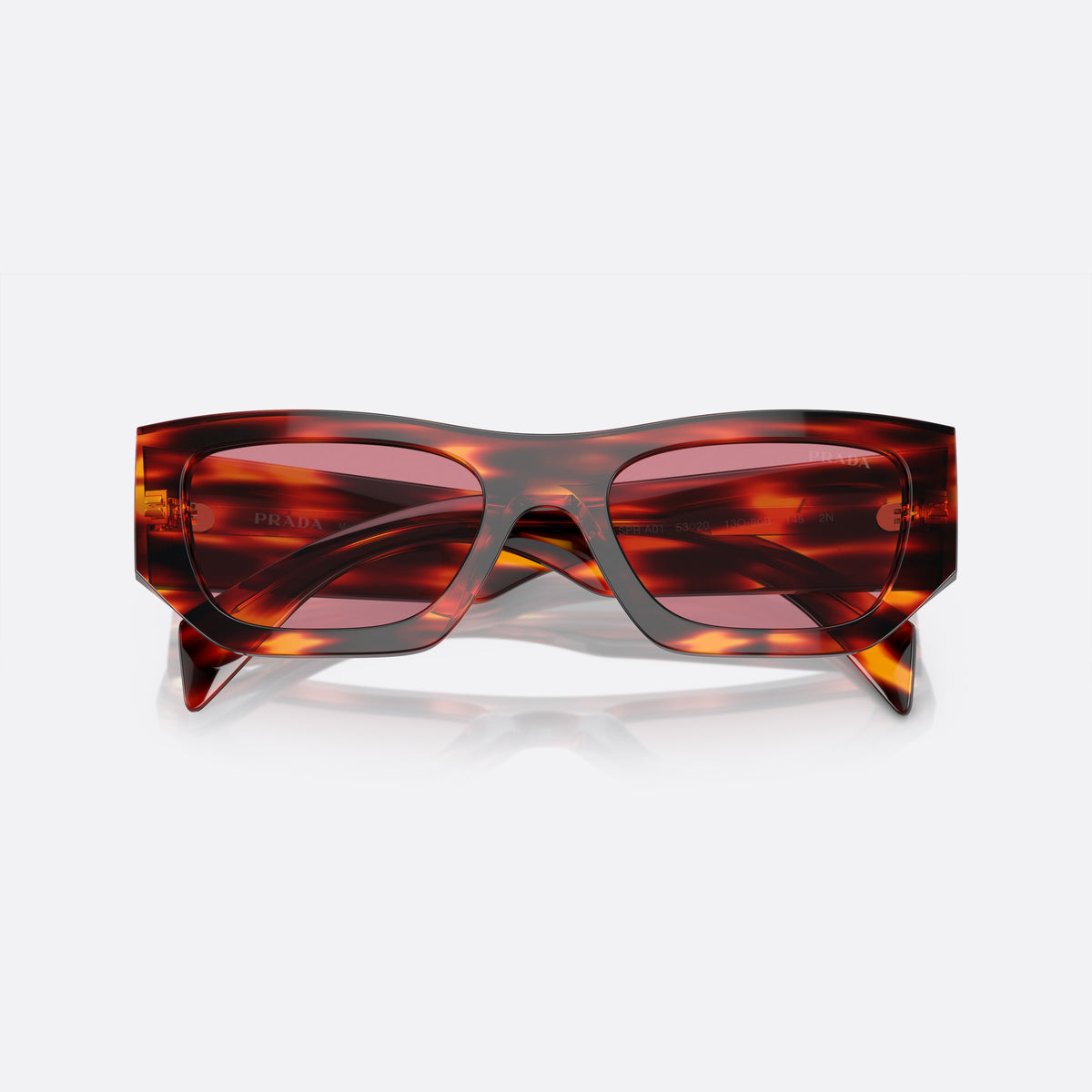 Prada PR A01S 13O80B sunglasses, red pillow frame, unisex, plain bridge, brand lettering on temples, full-rim frame, folded