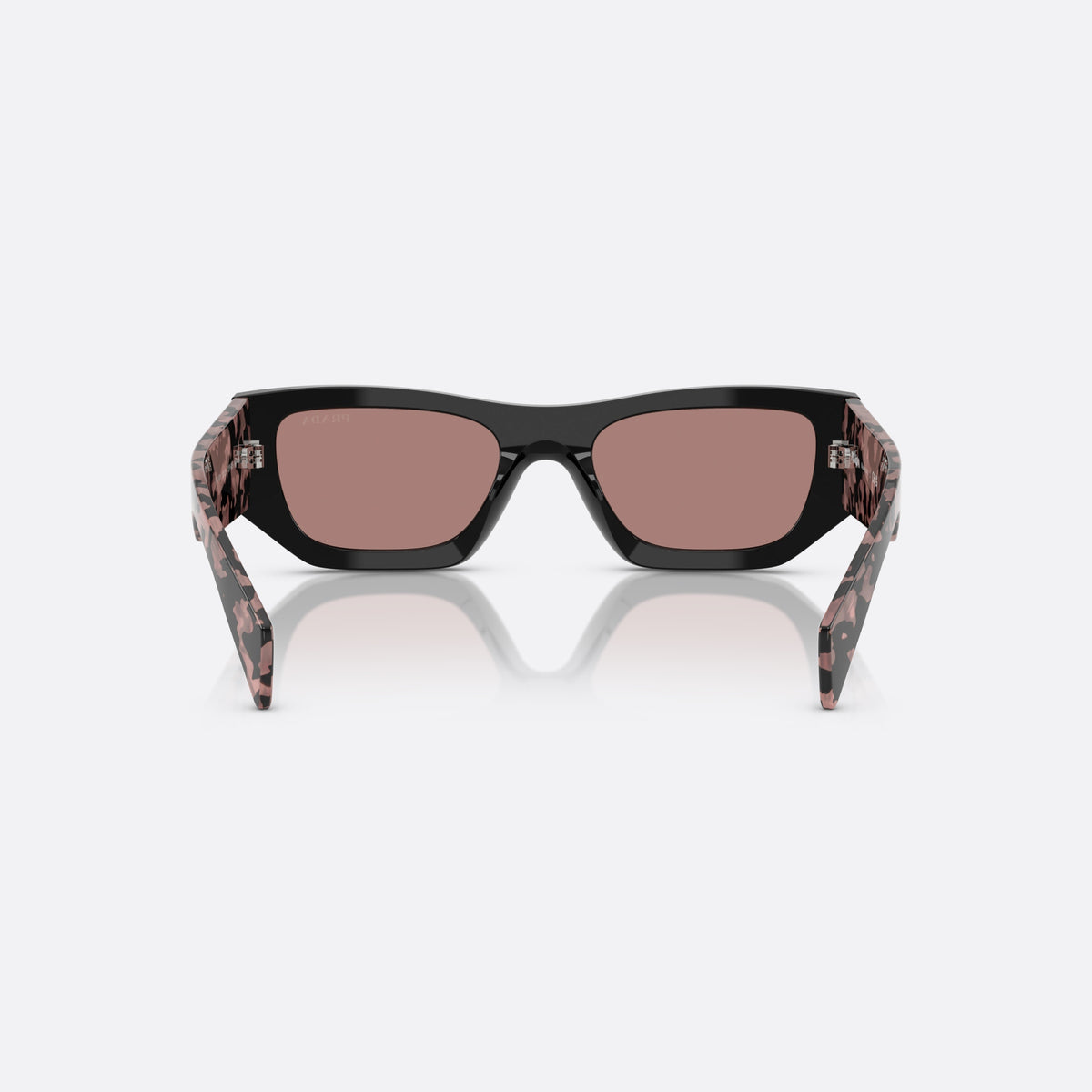Prada PR A01S 13P60B sunglasses, black pillow frame for women, plain bridge, integrated into frame, wide tapered temples, back view