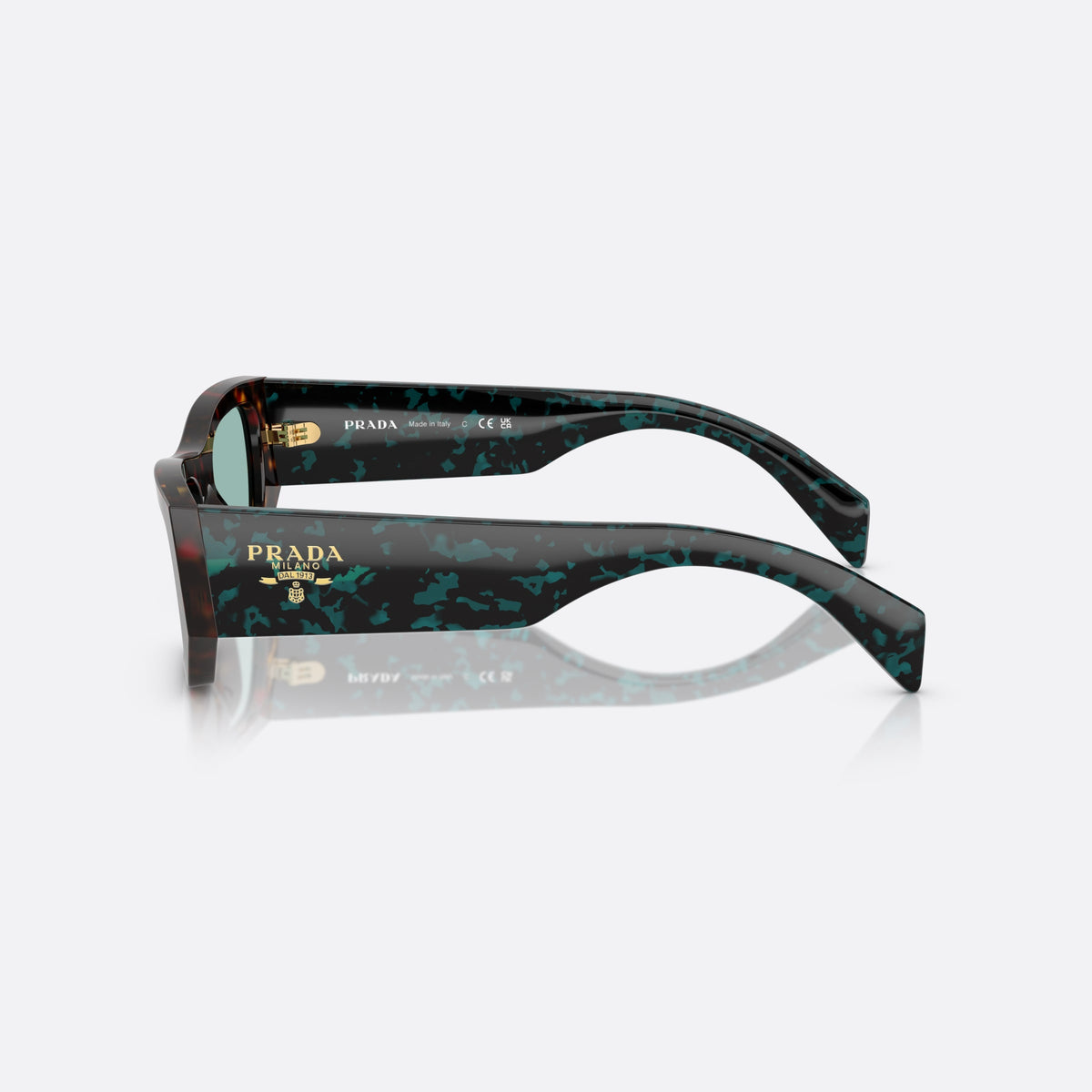 Prada PR A01S 18Z40K sunglasses, havana pillow frame for women, plain bridge, brand lettering on temples, full-rim frame, side view