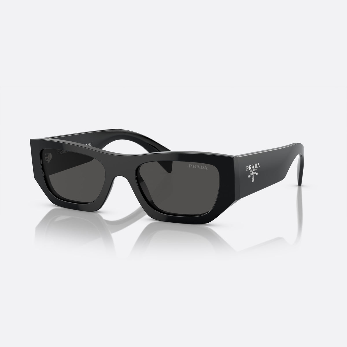 Prada PR A01S 53 sunglasses, black pillow frame, unisex, plain bridge, brand logo on temple, wide tapered temples