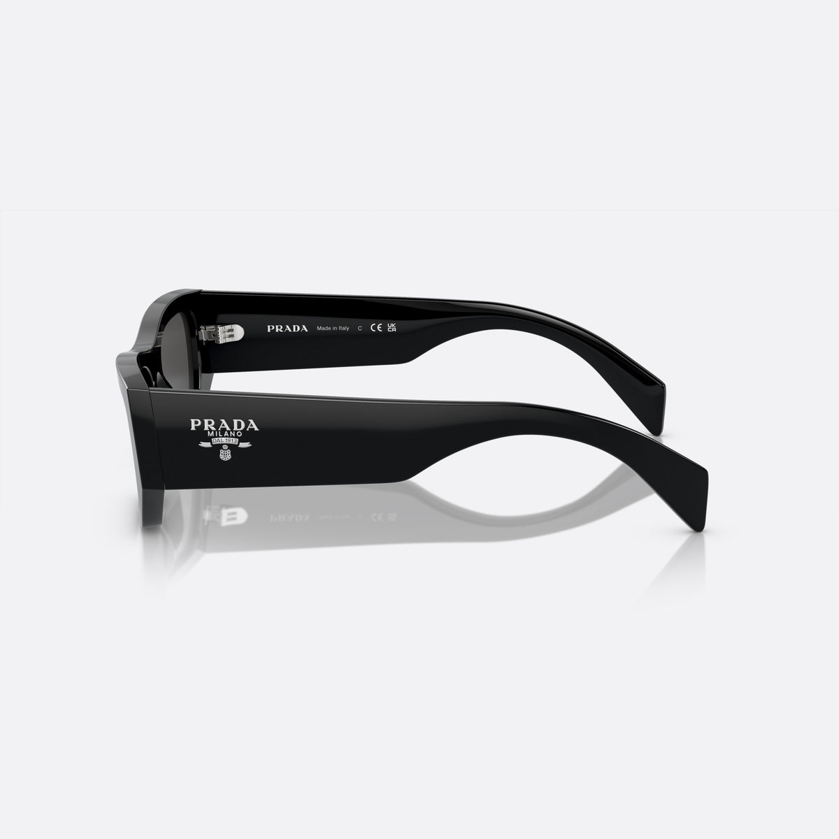 Prada PR A01S 53 sunglasses, black pillow frame, unisex, plain bridge, brand logo on temple, wide tapered temples, side view