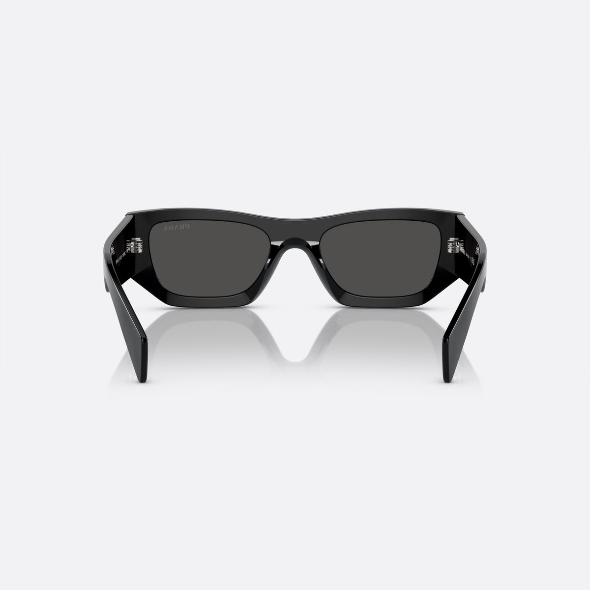 Prada PR A01S 53 sunglasses, black pillow frame, unisex, plain bridge, brand logo on temple, wide tapered temples, back view