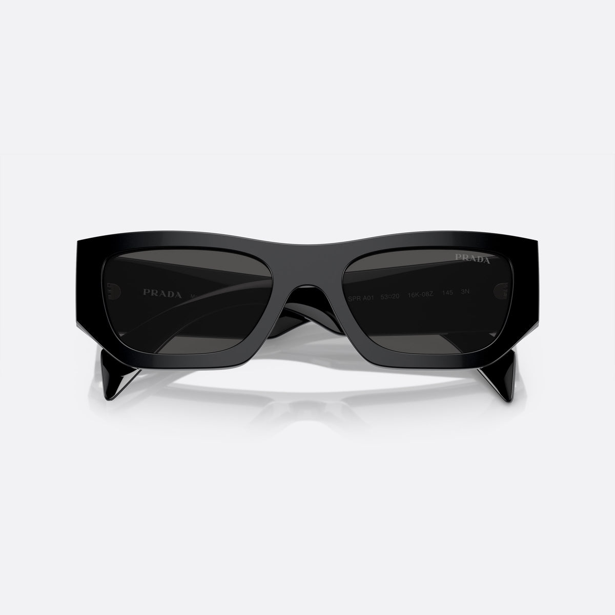 Prada PR A01S 53 sunglasses, black pillow frame, unisex, plain bridge, brand logo on temple, wide tapered temples, folded