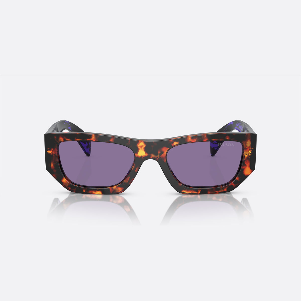 Prada PR A01S 53 sunglasses, havana pillow frame, unisex, keyhole bridge, brand lettering on temples, full-rim frame, front view