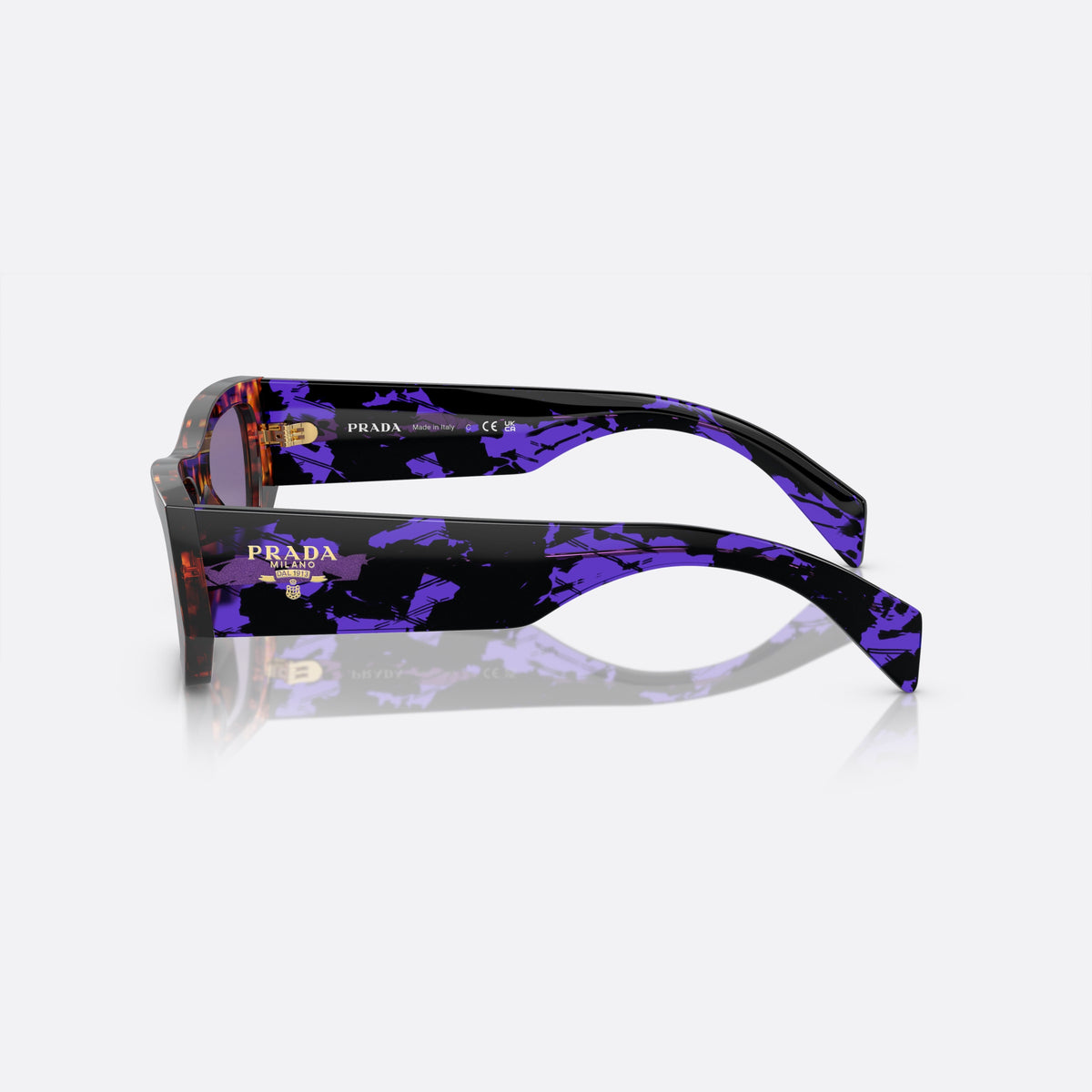 Prada PR A01S 53 sunglasses, havana pillow frame, unisex, keyhole bridge, brand lettering on temples, full-rim frame, side view