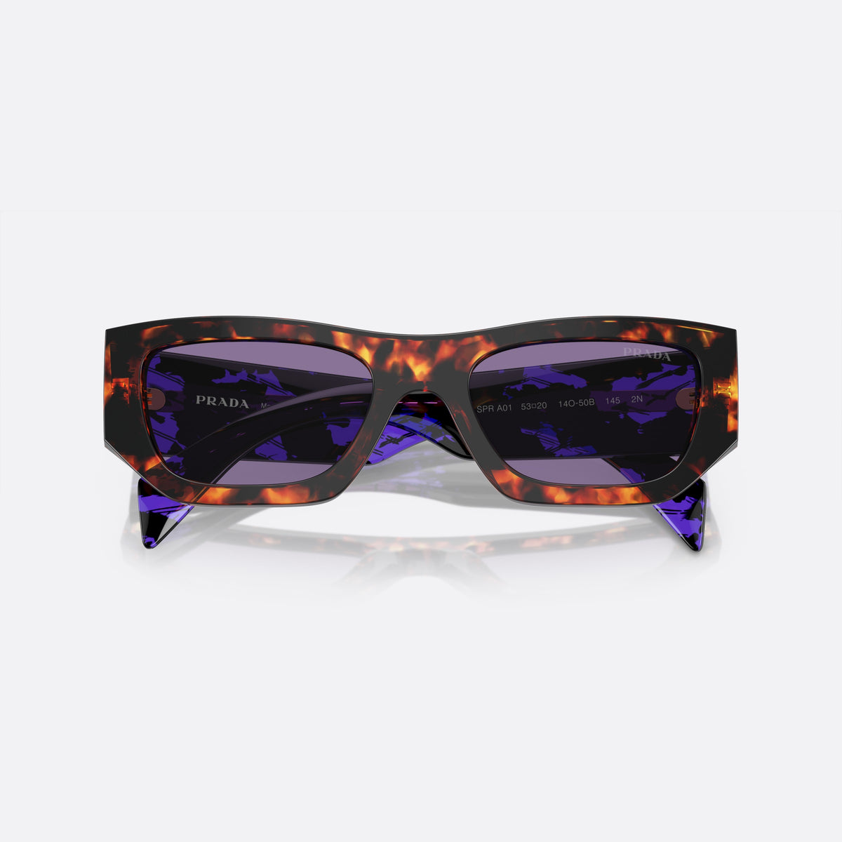 Prada PR A01S 53 sunglasses, havana pillow frame, unisex, keyhole bridge, brand lettering on temples, full-rim frame, folded