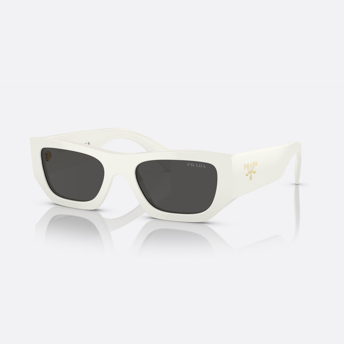 Prada PR A01S 53 sunglasses, white pillow frame, unisex, plain bridge, brand lettering on temple, full-rim