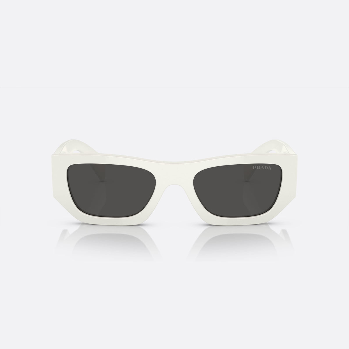 Prada PR A01S 53 sunglasses, white pillow frame, unisex, plain bridge, brand lettering on temple, full-rim, front view