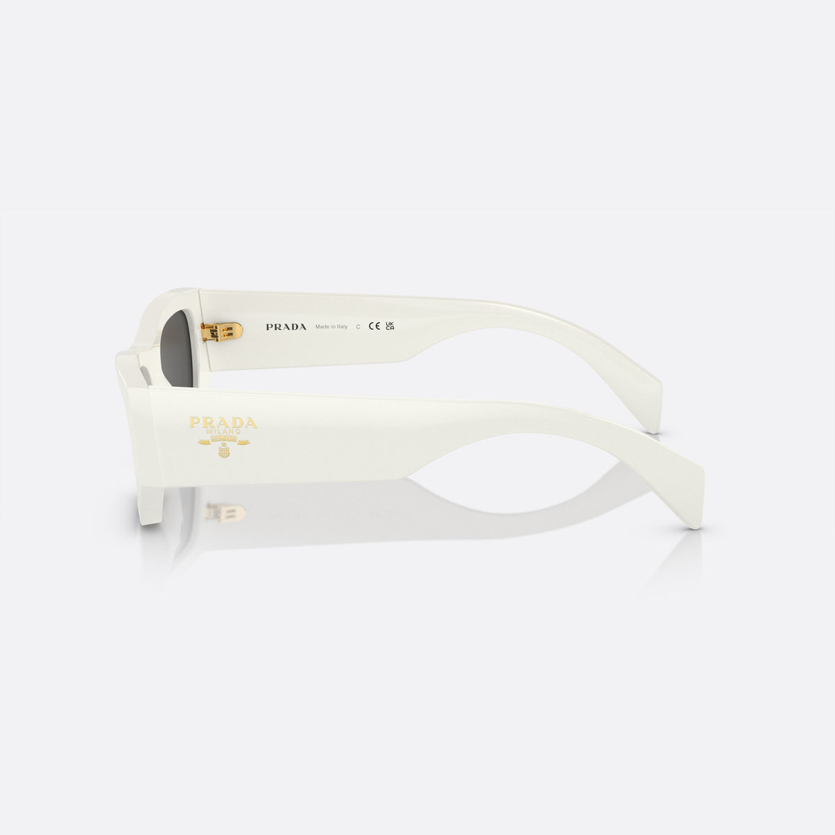 Prada PR A01S 53 sunglasses, white pillow frame, unisex, plain bridge, brand lettering on temple, full-rim, side view