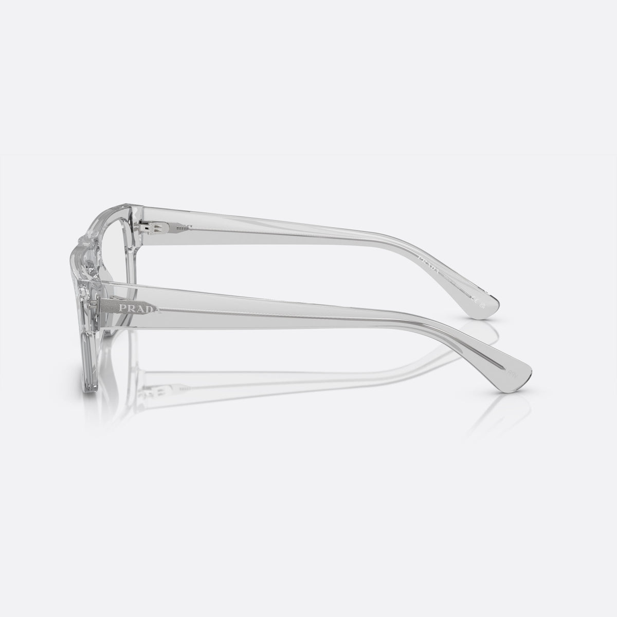 Prada PR A01V 17P-1O1 M eyeglasses, grey geometric frame for men, plain bridge, integrated into rim, slim tapered temples, side view