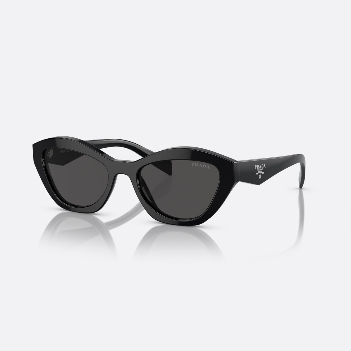 Prada PR A02S 16K-08Z B sunglasses, black butterfly frame for women, plain bridge, brand lettering on temples, plaque on temple