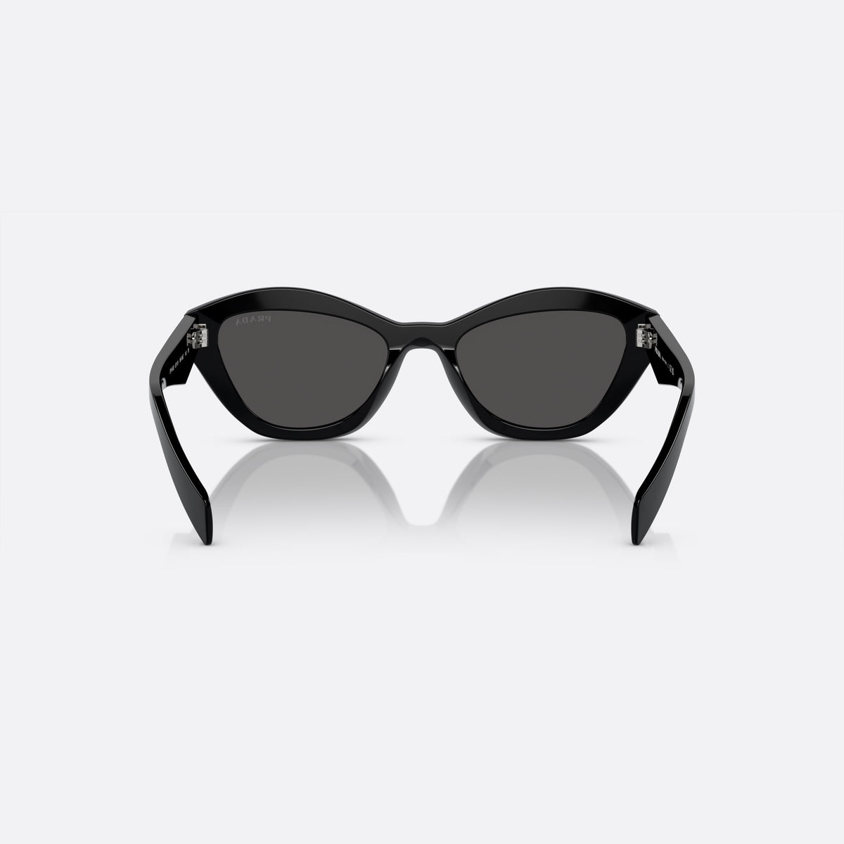 Prada PR A02S 16K-08Z B sunglasses, black butterfly frame for women, plain bridge, brand lettering on temples, plaque on temple, back view