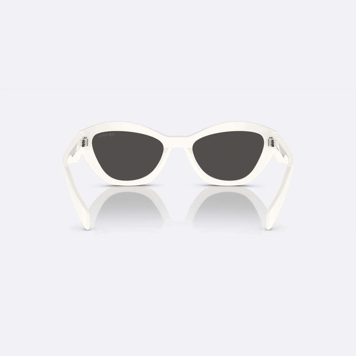 Prada PR A02S 17K-08Z sunglasses, white butterfly frame for women, plain integrated bridge, brand lettering on the lens, back view