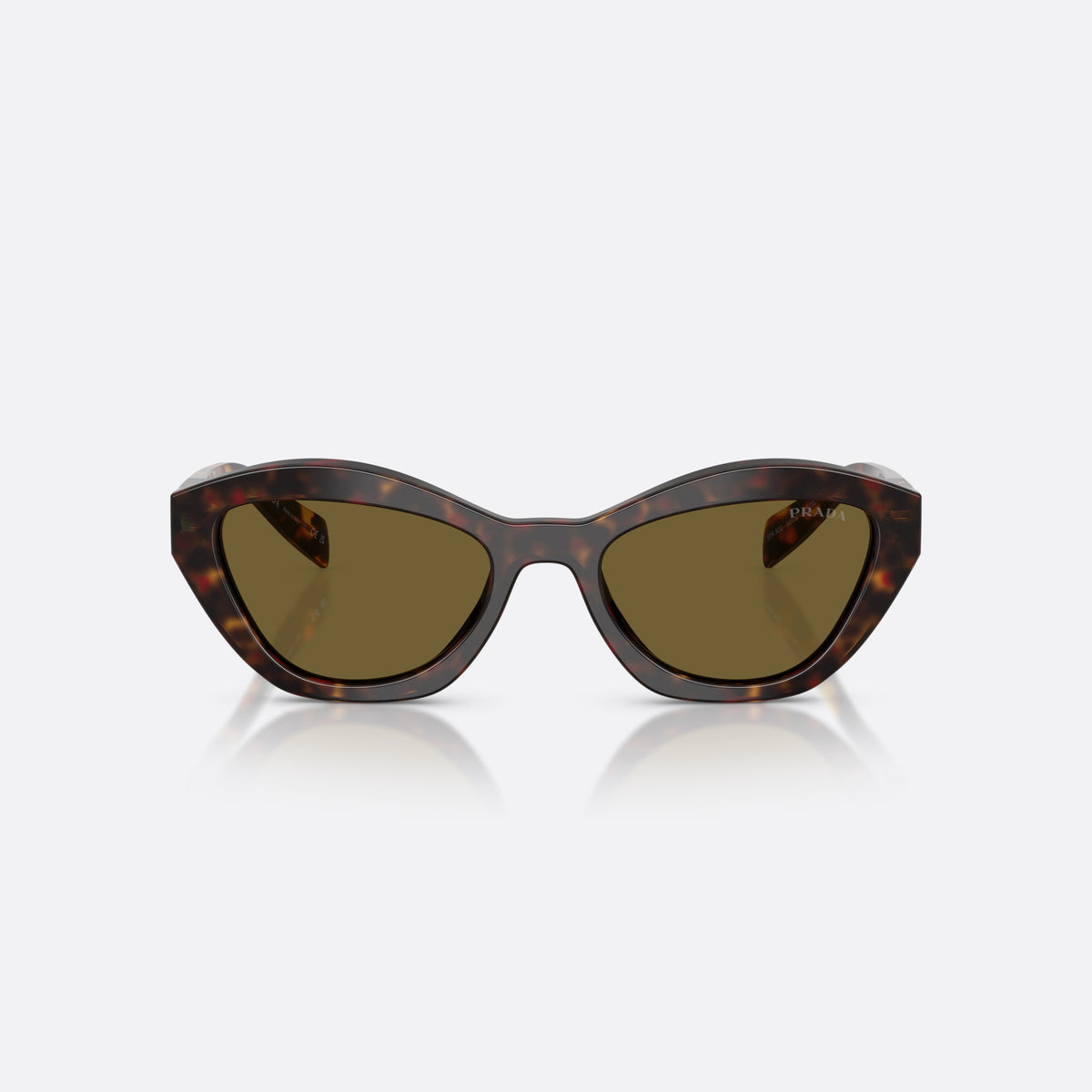 Prada PR A02S 17N09Z sunglasses, havana butterfly frame for women, plain integrated bridge, brand logo plaque on temple, front view