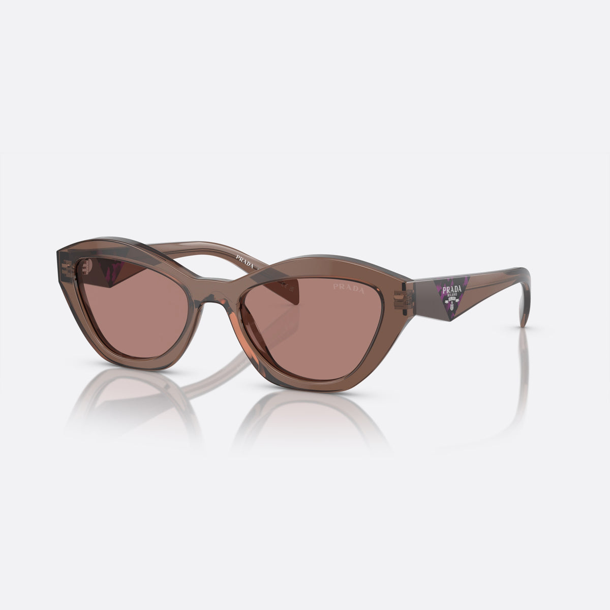 Prada PR A02S 17O-60B A sunglasses, brown butterfly frame for women, plain integrated bridge, brand lettering on temples