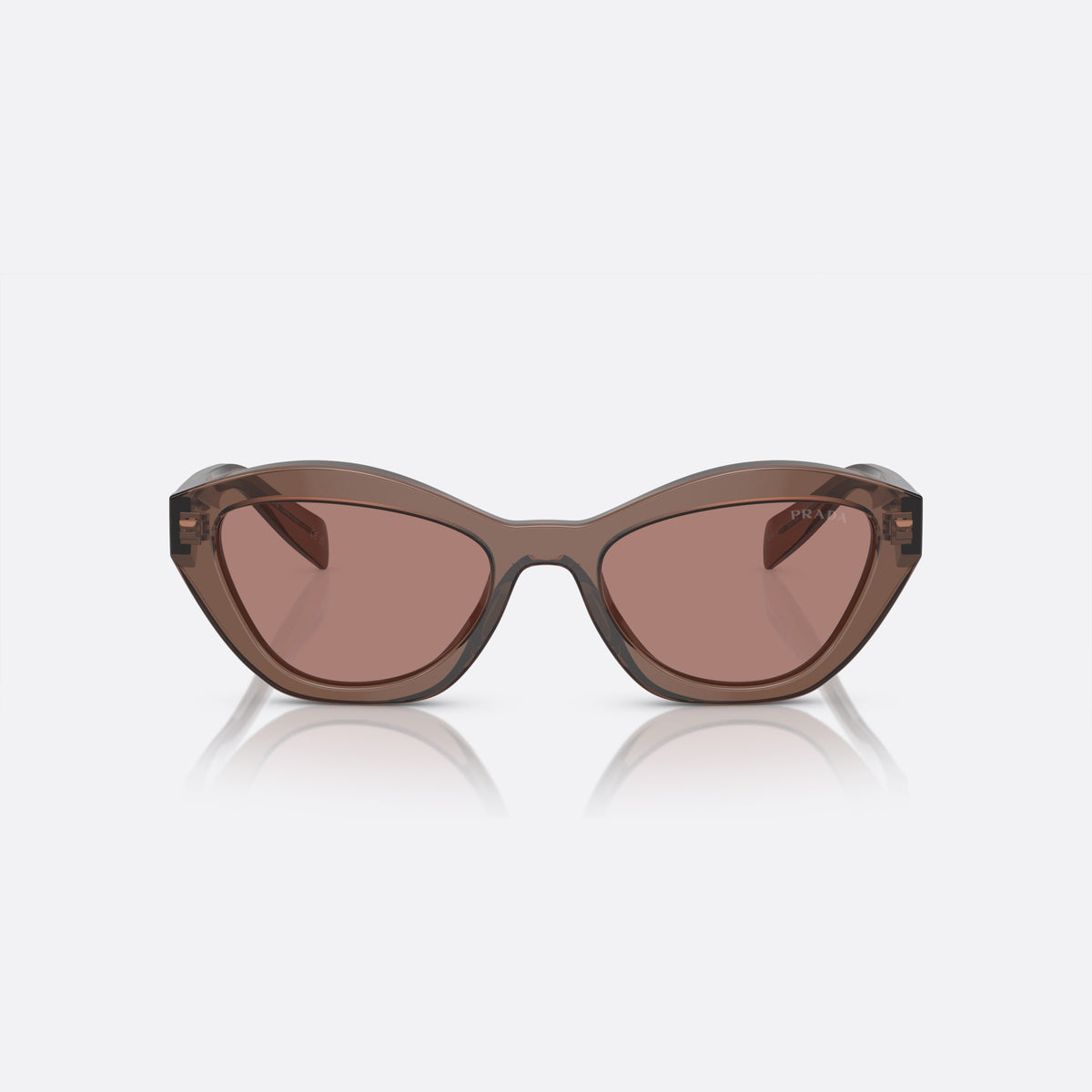 Prada PR A02S 17O-60B A sunglasses, brown butterfly frame for women, plain integrated bridge, brand lettering on temples, front view