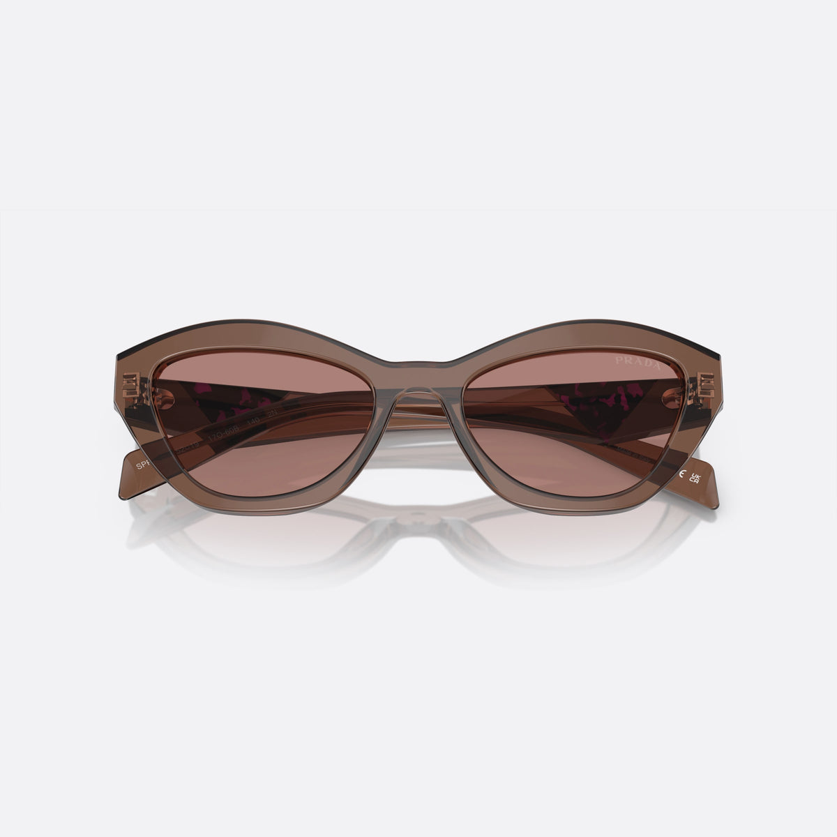 Prada PR A02S 17O-60B A sunglasses, brown butterfly frame for women, plain integrated bridge, brand lettering on temples, folded