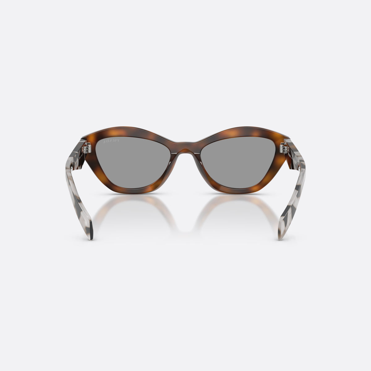 Prada PR A02S 20D50Q sunglasses, havana butterfly frame for women, plain bridge, brand lettering on lens, full-rim frame, back view