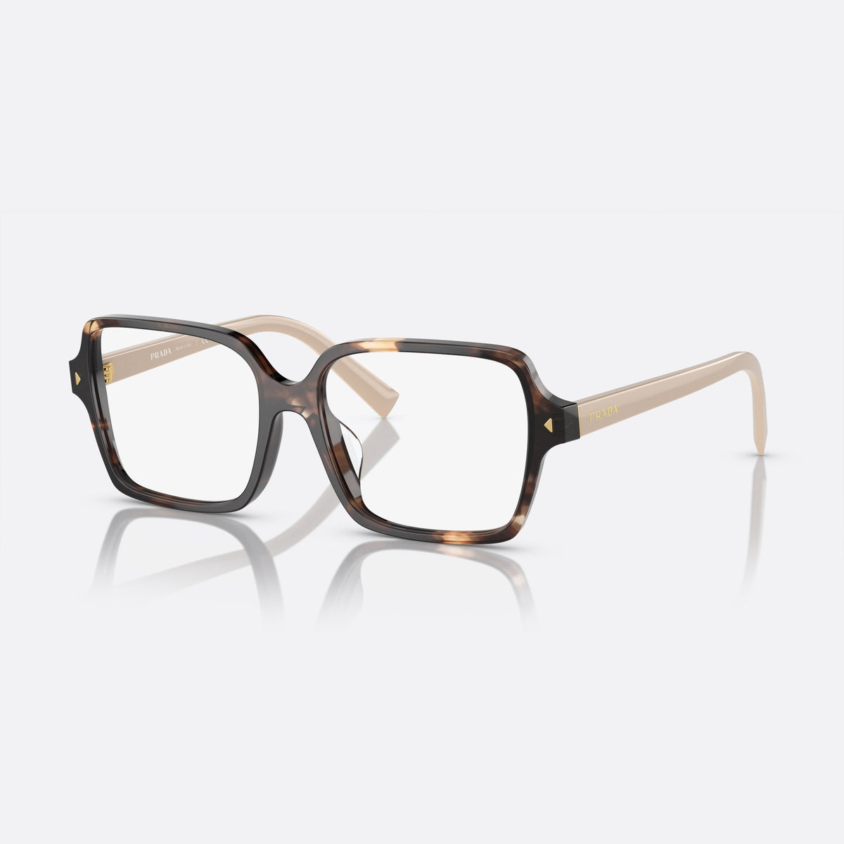 Prada PR A02V 07R-1O1 D eyeglasses, havana geometric frame for women, keyhole bridge, brand lettering on temples, full-rim frame