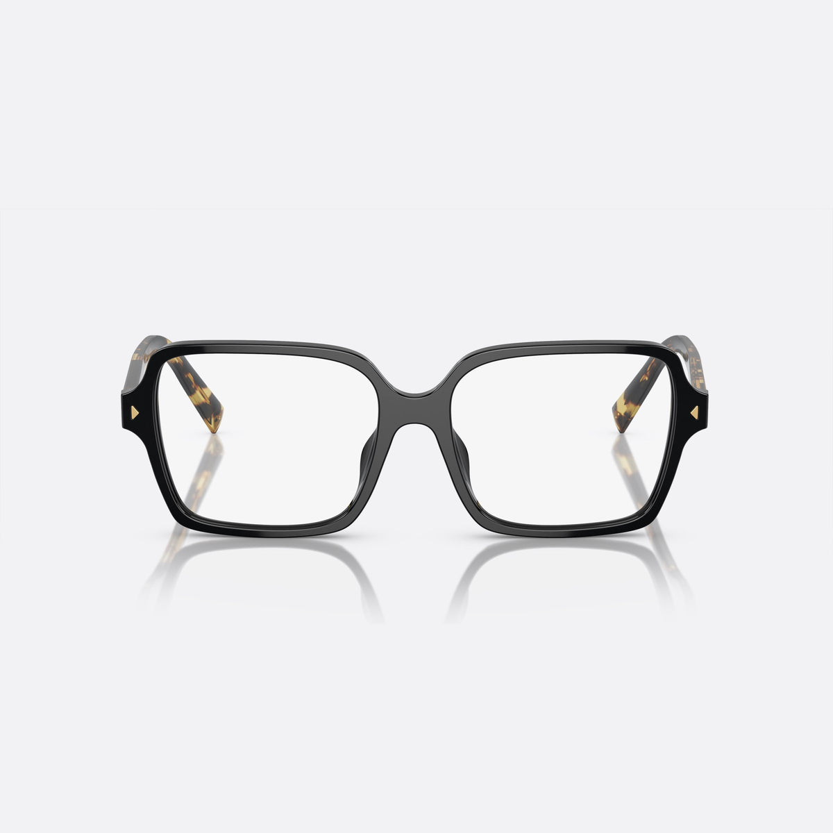 Prada PR A02V 389-1O1 A eyeglasses, black geometric frame for women, keyhole bridge, brand lettering on the temples, front view